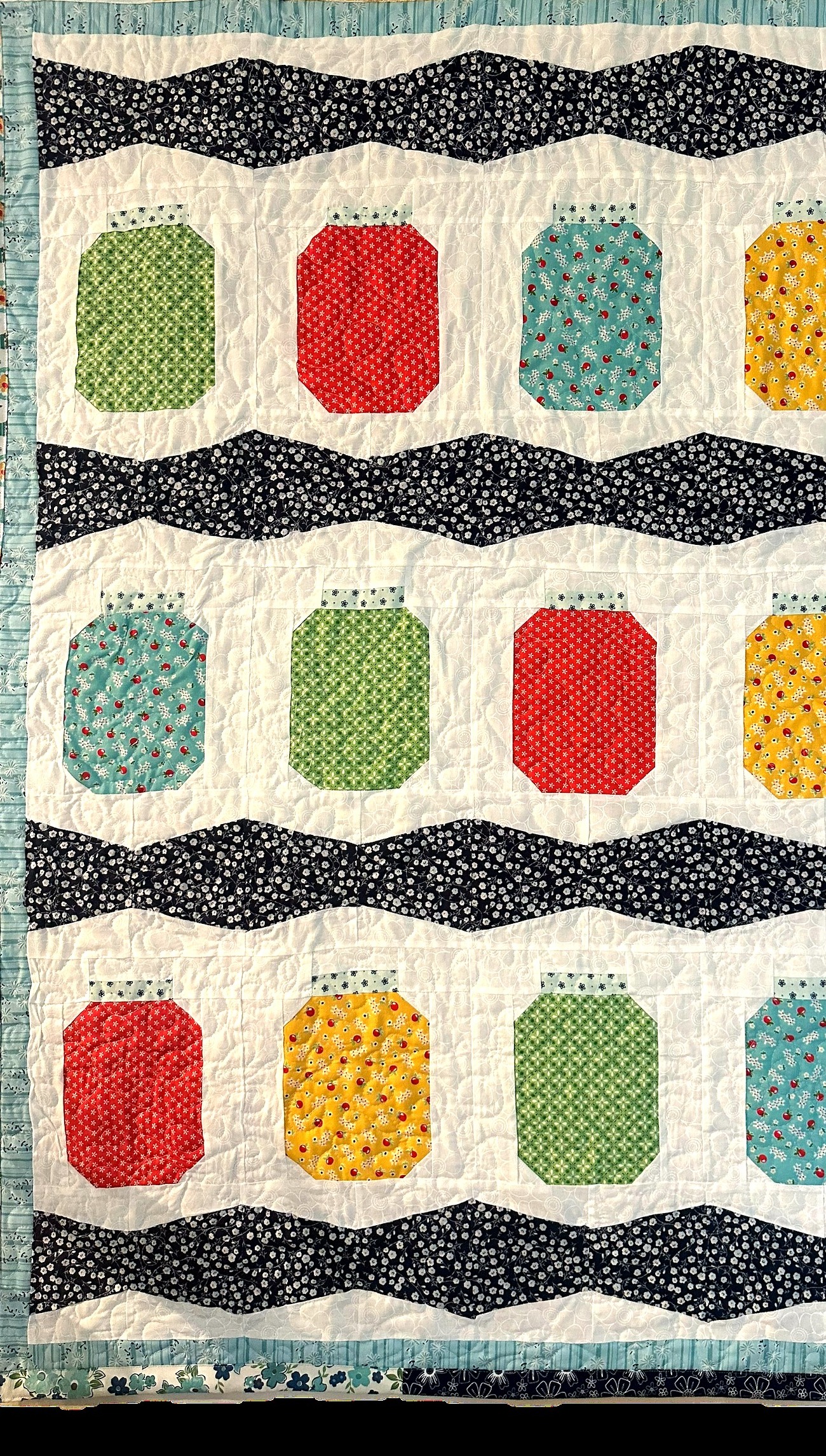 Canning Season quilt — mason jar blocks in navy and brights, Cardinal Quilt Store