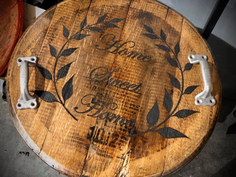 Home Sweet Home laser-engraved barrel lid serving tray